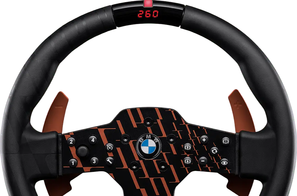Front view of the 300 mm Fanatec CSL Steering Wheel BMW with BMW graphic, RevStripe and copper paddles